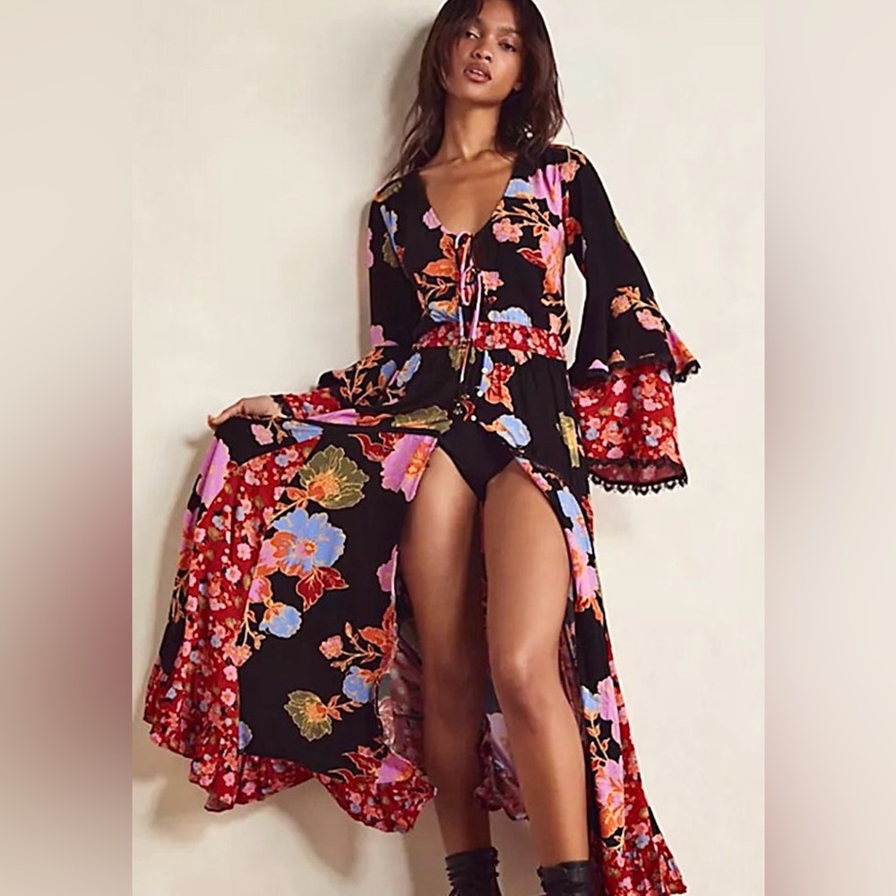 Free People Penny Printed Maxi Bodysuit Dress. Boho Floral Bright Lace Ruffle XS